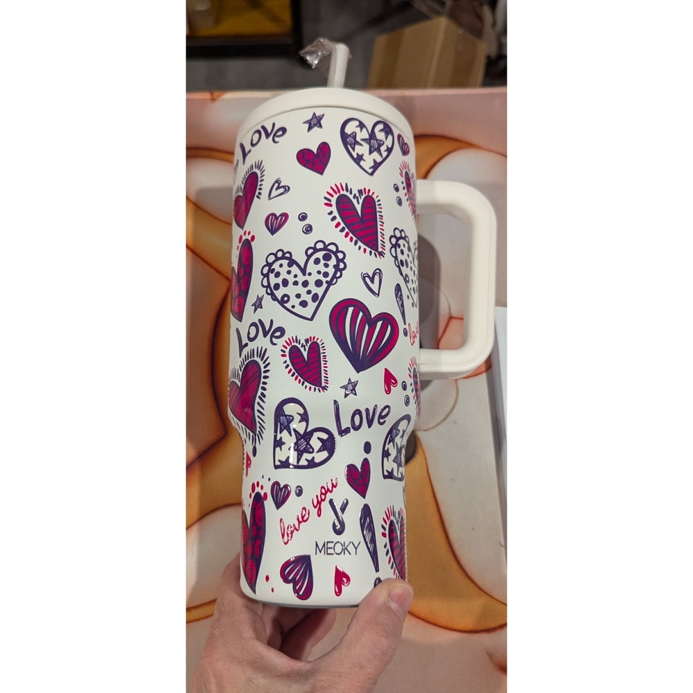 Meoky 40 Oz Love Hearts Travel Mug - White and Pink New In Box - Picture 4 of 5